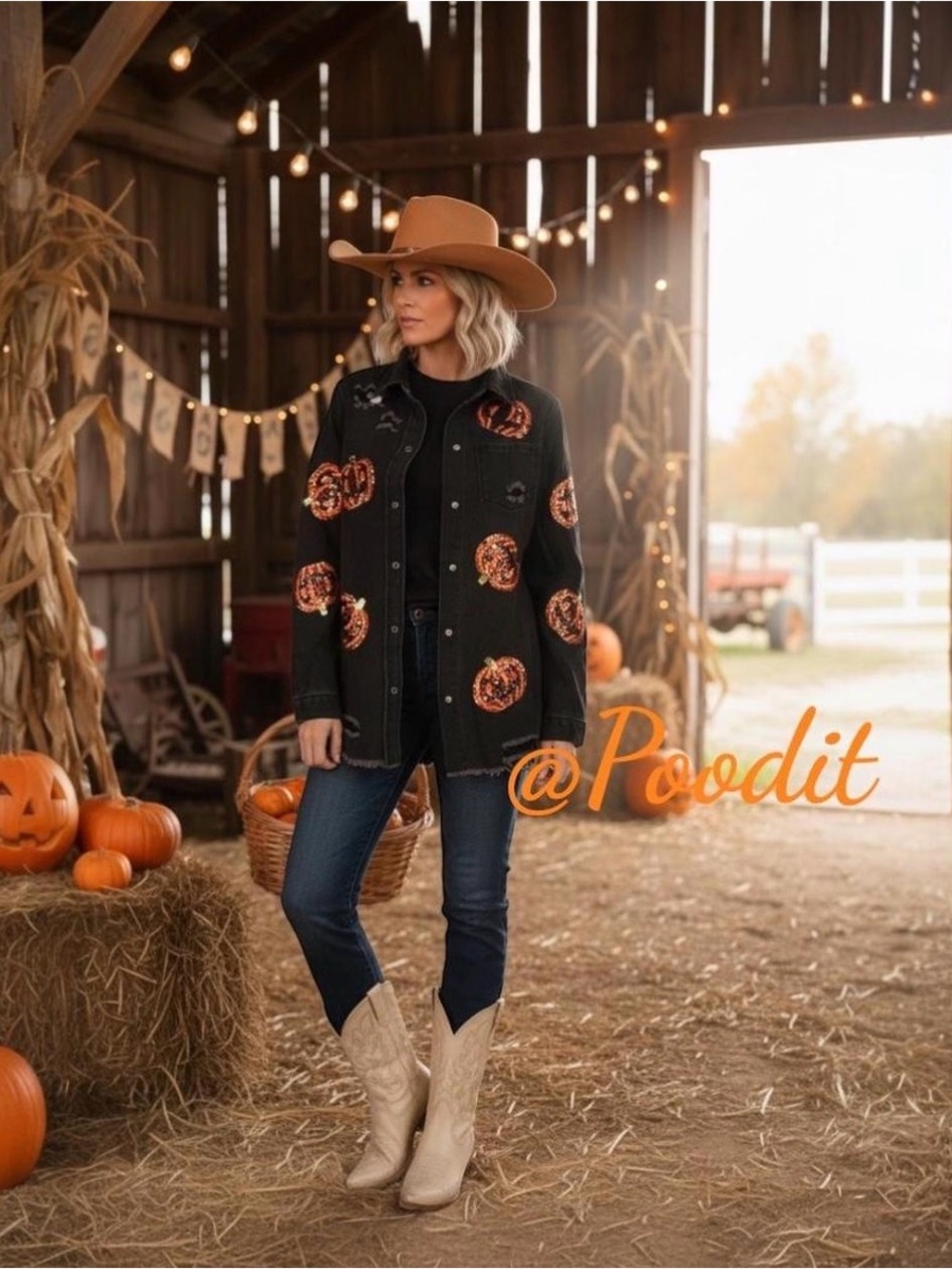 POODIT sequin pumpkin distressed washed out black denim top M L XL